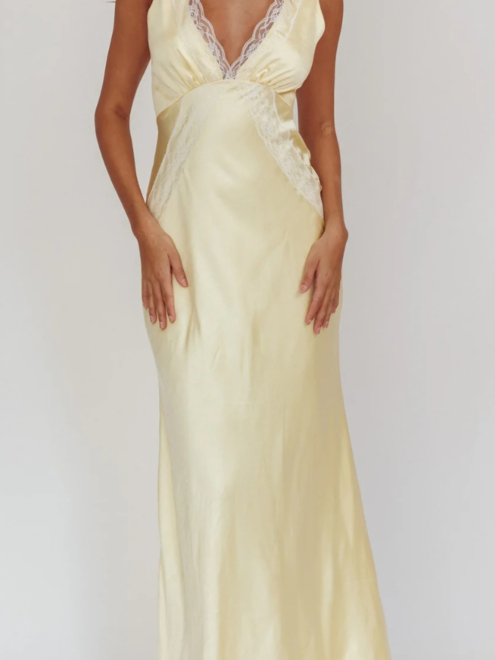 Sincerely Jules Butter Yellow Satin Lace Maxi Slip Dress Romantic Fall V-Neck